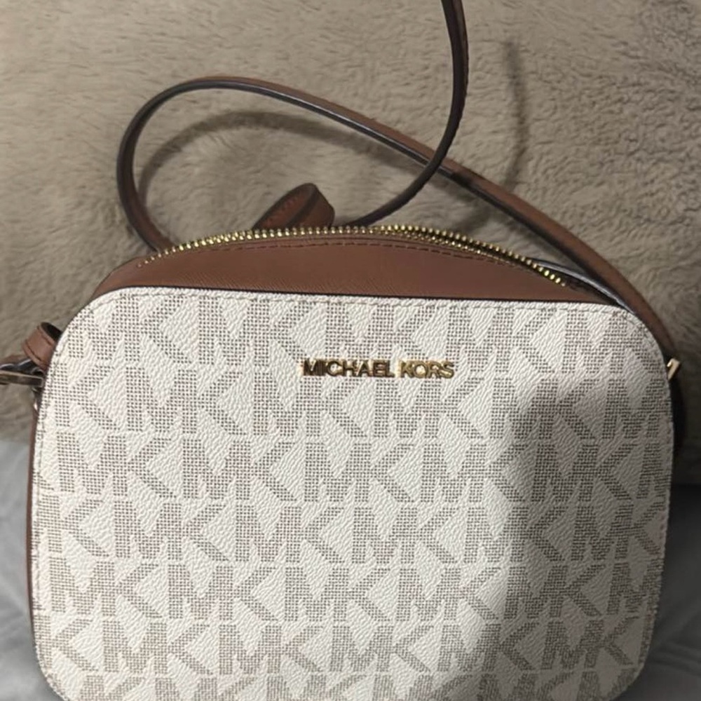 Michael Kors Tan and Cream Monogram Crossbody Bag